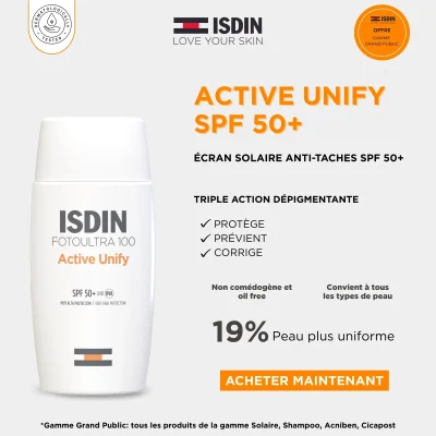 خرید و قیمت کرم ضد آفتاب ضد لک بی رنگ اکتیو یونیفای ایزدین ISDIN Foto Ultra ۱۰۰ Active Unify Fusion Fluid SPF50 حجم 50 میلی لیتر