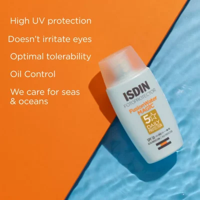 خرید و قیمت کرم ضد آفتاب بی رنگ مجیک فیوژن واتر ایزدین ISDIN FOTOPROTECTOR Fusion Water MAGIC SPF50 حجم 50 میلی لیتر