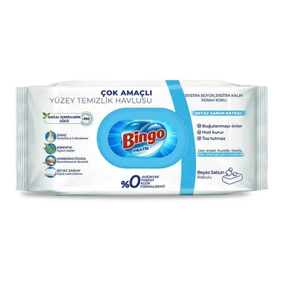 خرید و قیمت دستمال مرطوب سطوح چند منظوره بینگو رایحه صابون سفید Bingo PRATIK Beyaz Sabun بسته 100 عددی