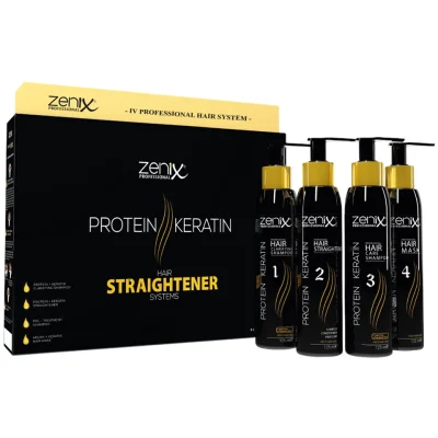 خرید و قیمت کیت مراقبتی و درمانی کراتین پروتئینه صاف کننده مو زنیکس zenix hair straightener protein keratin treatment care kit حجم 125*4 میلی لیتر