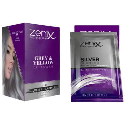 خرید و قیمت شامپو مو مدل سیلور برای موهای خاکستری و سفید ساشه‌ای زنیکس zenix hair care shampoo silver for grey and white hair sachets حجم 30 میلی لیتر