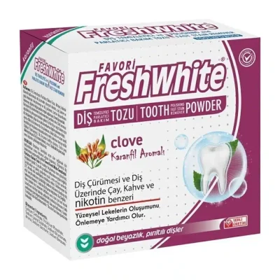 خرید و قیمت پودر سفید کننده و جرمگیر دندان فرش وایت طعم میخک Fresh White TOOTH POWDER clove