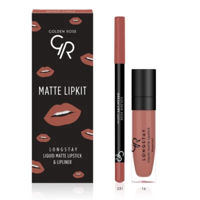 خرید و قیمت کیت رژ لب مایع ۲۴ ساعته +مداد گلدن رز (WARM STABLE) GOLDEN ROSE matte lip kit