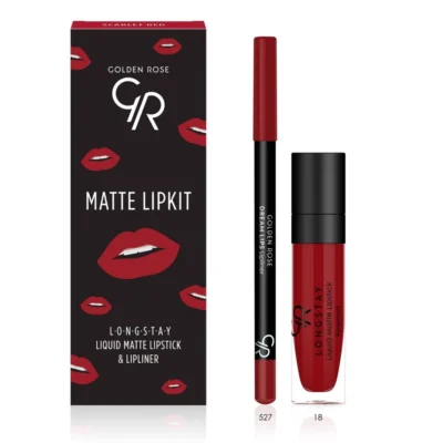 خرید و قیمت کیت رژ لب مایع ۲۴ ساعته +مداد گلدن رز (SCARLET RED) GOLDEN ROSE matte lip kit